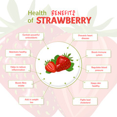Health Benefits of strawberry. strawberries nutrients infographic template vector illustration. Fresh Fruits