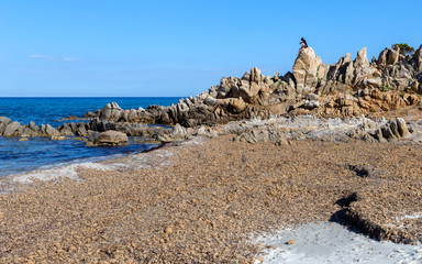 Fototapeta na wymiar Textured rocks formations on the beach in Villasimius, Sardinia, Italy. Holidays, beaches in Sardinia.