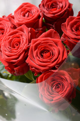 A bouquet of beautiful burgundy roses close-up. 