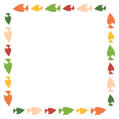 Square frame with colored fish on white background. Vector image.