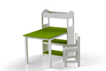 Furniture for children. Table with whatnot. Highchair. 3D render.
