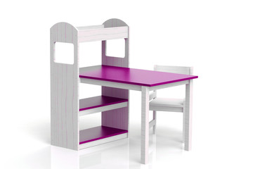 Furniture for children. Table with whatnot. Highchair. 3D render.