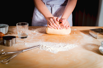 Obraz na płótnie Canvas The concept of making bread, baking. Woman kneads the dough.