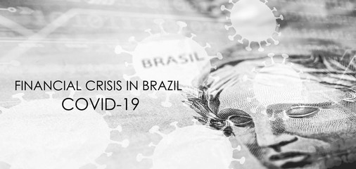 Fototapeta na wymiar financial crisis in brazil due to the coronavirus pandemic, detail of one hundred reais bank note with text on the current crisis of the brazilian government.