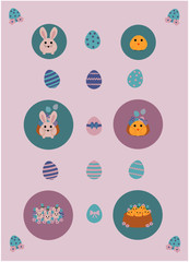 Doodles icons set for easter with little bunnies and chicks