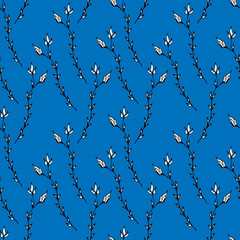 Seamless pattern of twigs on a blue background. vector botanical illustration
