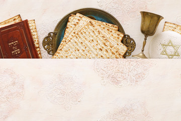 Pesah celebration concept (jewish Passover holiday). Traditional book with text in hebrew: Passover Haggadah (Passover Tale)