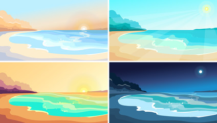 Fototapeta na wymiar Beach at different times of day. Beautiful landscapes in cartoon style.