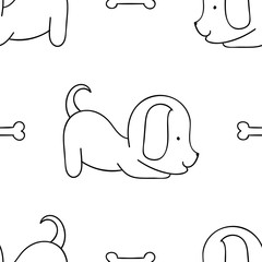 Simple seamless pattern, black and white cute kawaii hand drawn dog doodles, coloring pages