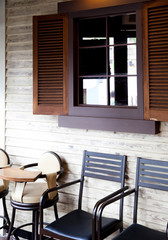 Wooden windows and chairs in South Korea.