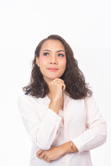 Curly hair woman with a pastel pink shirt