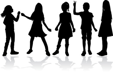 Black silhouette of children on white background.