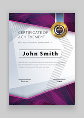 Official white certificate with pink black design elements. Modern blank with gold emblem. Vector illustration