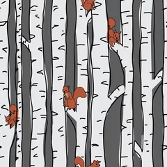 Foto op Plexiglas Berken Eekhoorns in berkenbomen naadloos patroon op blauwe achtergrond. Naadloos, herhaal vector illustratie oppervlaktepatroon ontwerp