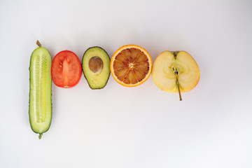 vegetables and fruits on a white background