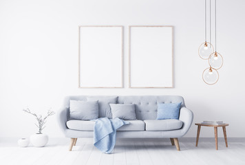 Interior template has a grey couch on white wall background. Wooden frames on the wall. Elegant Scandinavian home accessories.Bright  baby blue color. 3D render