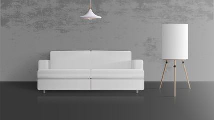 Modern loft style room. Concrete gray wall, white sofa, wooden malbert. Realistic vector illustration.