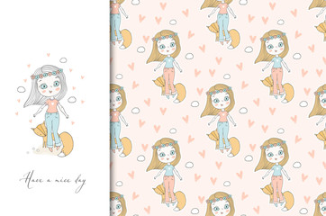 Cartoon cute teen girl with little fox. Card and seamless pattern set.