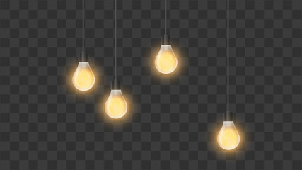 Realistic glowing light bulbs. Included Loft style Chandelier. Interior design element. Vector illustration