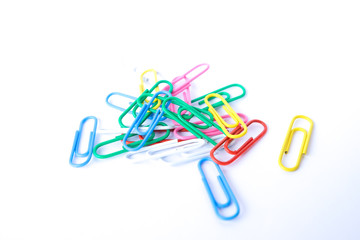 Multi-color of paper clip isolated on white background.