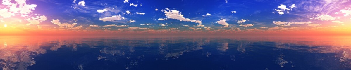 panorama of the ocean sunset, sea sunset, the sun in the clouds over the water, 3D rendering