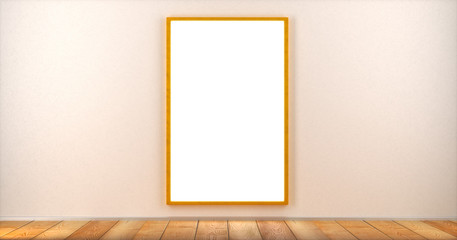 A blank poster in a frame hangs on a wall in a room. Mock up. 3D render.