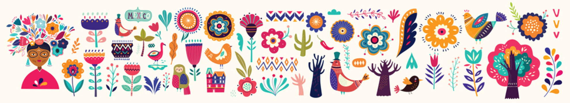 Beautiful colorful cartoon floral collection with leaves, flowers, tree and birds. Mexican ethnic pattern 