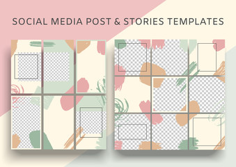 Set of social media posts and stories templates. Summer abstract square puzzle layout. Mock up for personal blog, shop, social media. Vector eps 10
