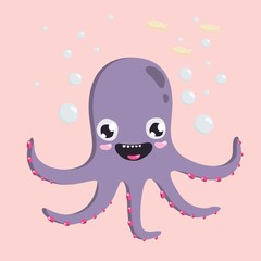 Cute purple octopus and yellow fish cartoon