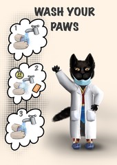Wash your paws. Hand washing steps for children. Black cat doctor. Digital drawing 