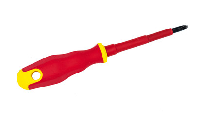 Red and yellow screwdriver on a white background