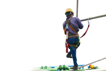 worker on high place wear dresses and safety man with harness in site construction isolated on white background.