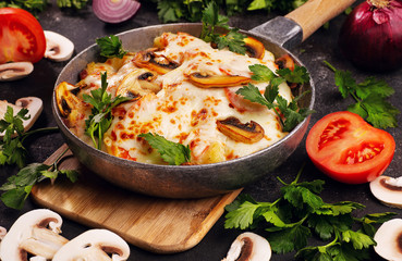 Potato and mushrooms in a frying pan. 
