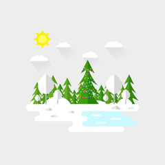 Fototapeta na wymiar Illustration of beautiful forest, christmas tree scene. Winter landscape in flat style. Sunny day. Background. Mountains, forest, water, camping, hiking, tourism