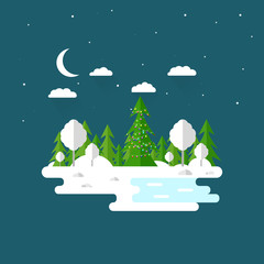 Naklejka premium Illustration of beautiful forest, christmas tree scene. Winter landscape in flat style. Evening, night. Background. Mountains, forest, water, camping, hiking, tourism