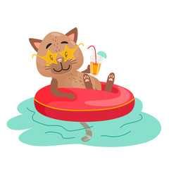 Cute vector cat bathing in the sea with inflatable and cocktails. Character design illustration on white isolated background.