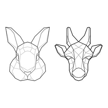 Set of two abstract heads of a rabbit and giraffe. Vector illustration