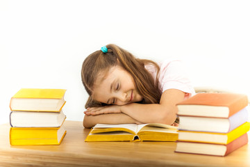 education and school concept - little student girl with many books at school