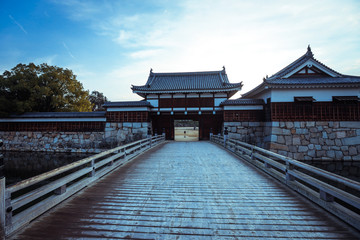 Hiroshima, Japan - January 09, 2020: Inner Buildings in the Black Carp Castle yard