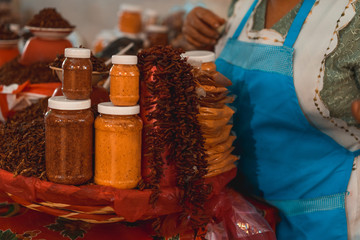 Red fried grasshoppers with chili peppers