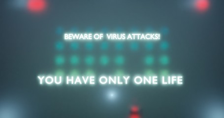 Fighting with viruses, retro arcade game, social warning poster