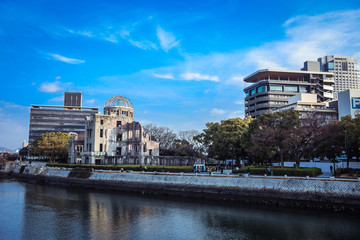 Fototapeta na wymiar River View to the Ruins of A-Bomb Dome in the Heart of Hiroshima, Japan