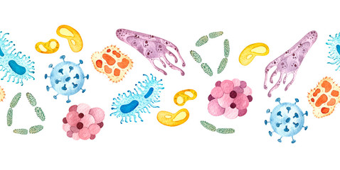 Seamless border, microbes, watercolor painting. Multicolored watercolor microbes, current topic. Science and medicine.