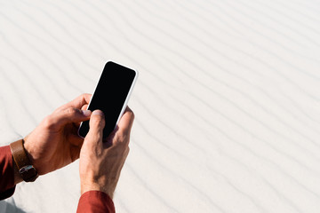 cropped view of man holding smartphone on sandy beach