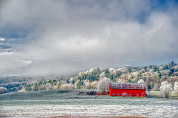 Red barn on a frosty New England morning