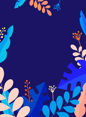 Style floral illustration on bright blue background. Flat and simple pink, orange, blue leaves and branches.