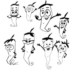 Chili pepper on white background. Set simple sketch icon red hot chili peppers. Doodle, cartoon drawing illustration. Vegetables