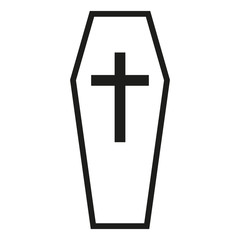 Black outline icon classical coffin with a cross a wooden casket. Vector illustration