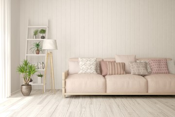 White living room with sofa. Scandinavian interior design. 3D illustration