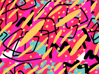 Seamless abstract doodle background pattern in bright summer positive colors. Hand-drawn abstract pattern with randomly arranged spots and dots and lines. Pencil and paint texture.